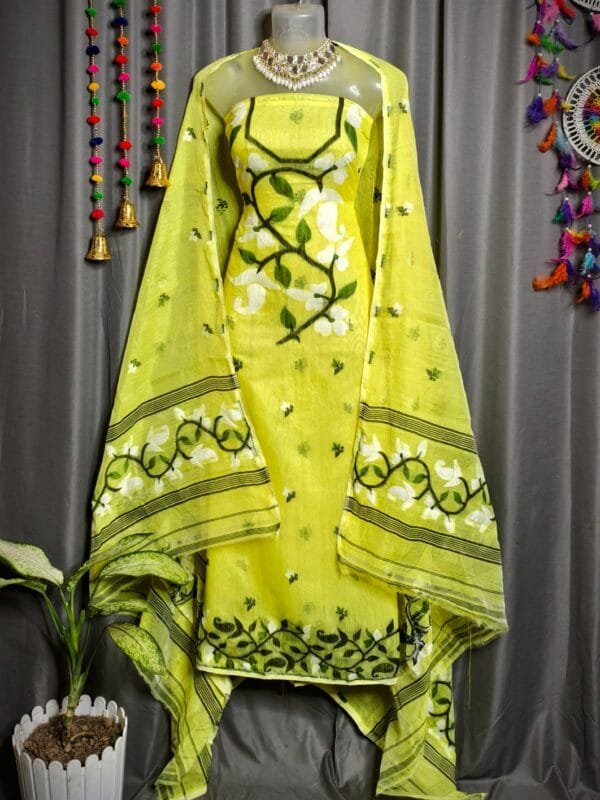 Lota Pata Lemon Yellow Muga Cotton Unstitched Jamdani Suit Set