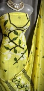 Lota Pata Lemon Yellow Muga Cotton Unstitched Jamdani Suit Set