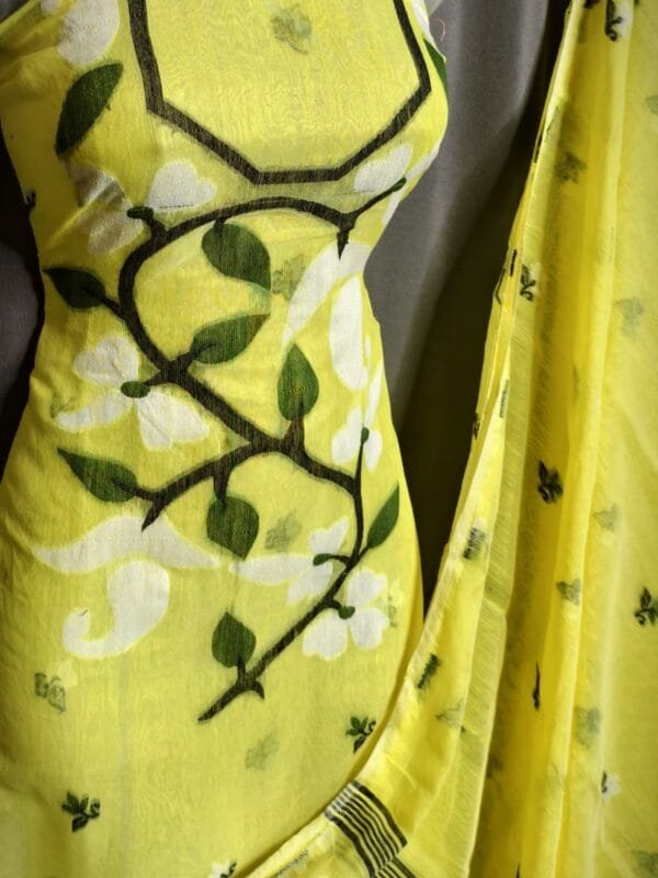 Lota Pata Lemon Yellow Muga Cotton Unstitched Jamdani Suit Set