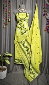 Lota Pata Lemon Yellow Muga Cotton Unstitched Jamdani Suit Set