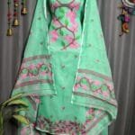 Lota Pata Light Teal Muga Cotton Unstitched Jamdani Suit Set