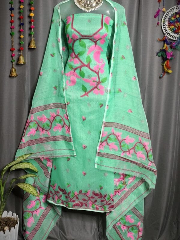 Lota Pata Light Teal Muga Cotton Unstitched Jamdani Suit Set