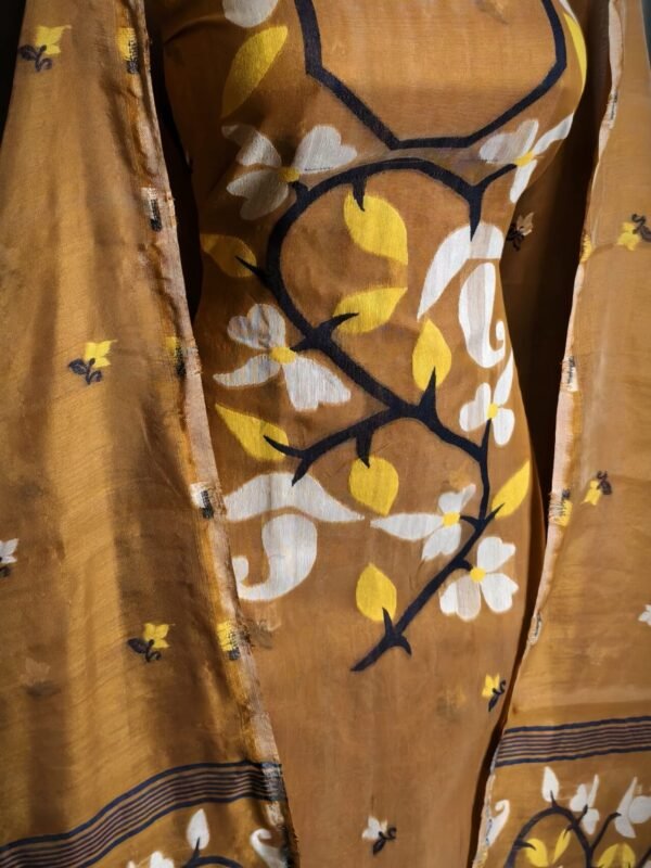 Lota Pata Old Copper Muga Cotton Unstitched Jamdani Suit Set