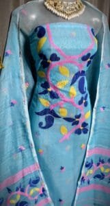 Lota Pata Picton Blue Muga Cotton Unstitched Jamdani Suit Set