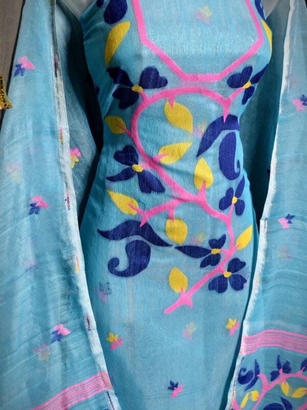 Lota Pata Picton Blue Muga Cotton Unstitched Jamdani Suit Set