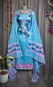 Lota Pata Picton Blue Muga Cotton Unstitched Jamdani Suit Set