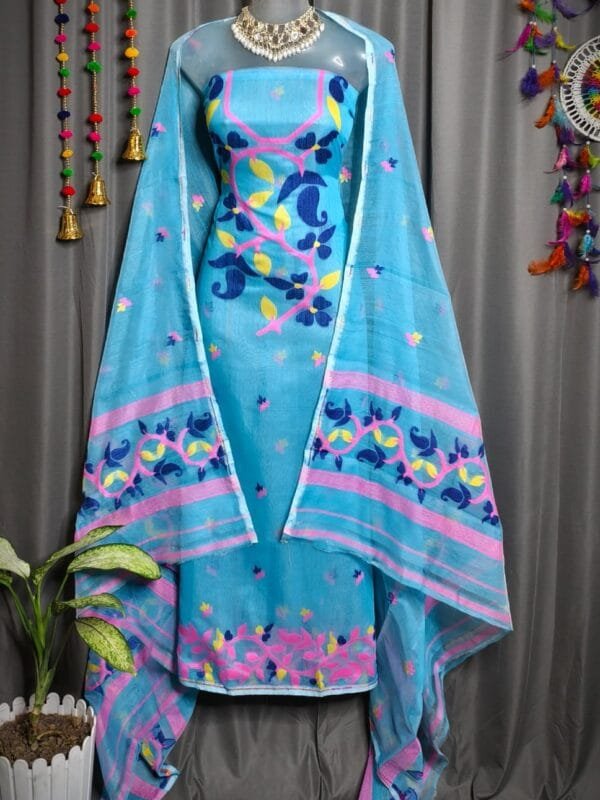 Lota Pata Picton Blue Muga Cotton Unstitched Jamdani Suit Set