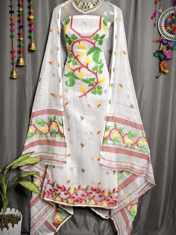 Lota Pata White Muga Cotton Unstitched Jamdani Suit Set