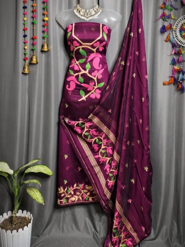 Lota Pata Wine Berry Muga Cotton Unstitched Jamdani Suit Set