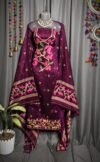 Lota Pata Wine Berry Muga Cotton Unstitched Jamdani Suit Set