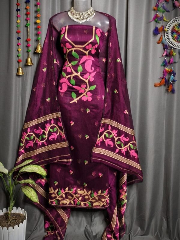 Lota Pata Wine Berry Muga Cotton Unstitched Jamdani Suit Set