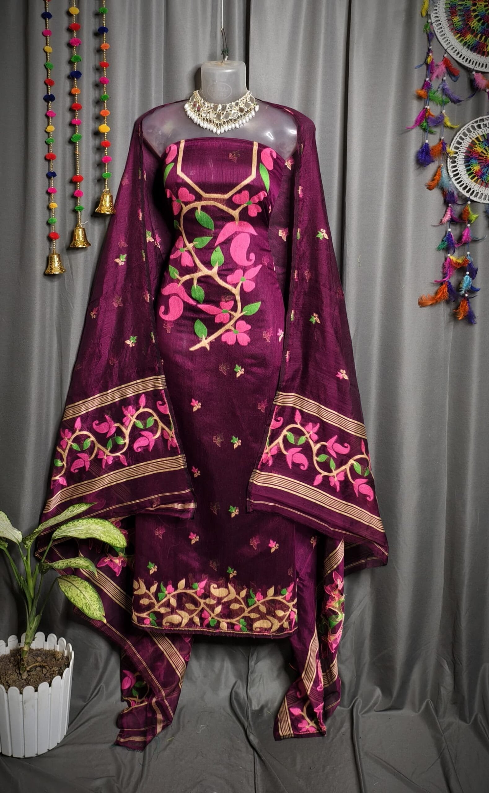 Lota Pata Wine Berry Muga Cotton Unstitched Jamdani Suit Set Lota Pata Wine Berry Muga Cotton Unstitched Jamdani Suit Set