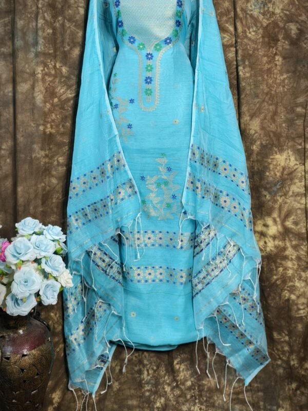Nayan Tara Blue Ice Muga Cotton Unstitched Jamdani Suit Set