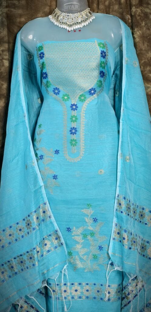 Nayan Tara Blue Ice Muga Cotton Unstitched Jamdani Suit Set