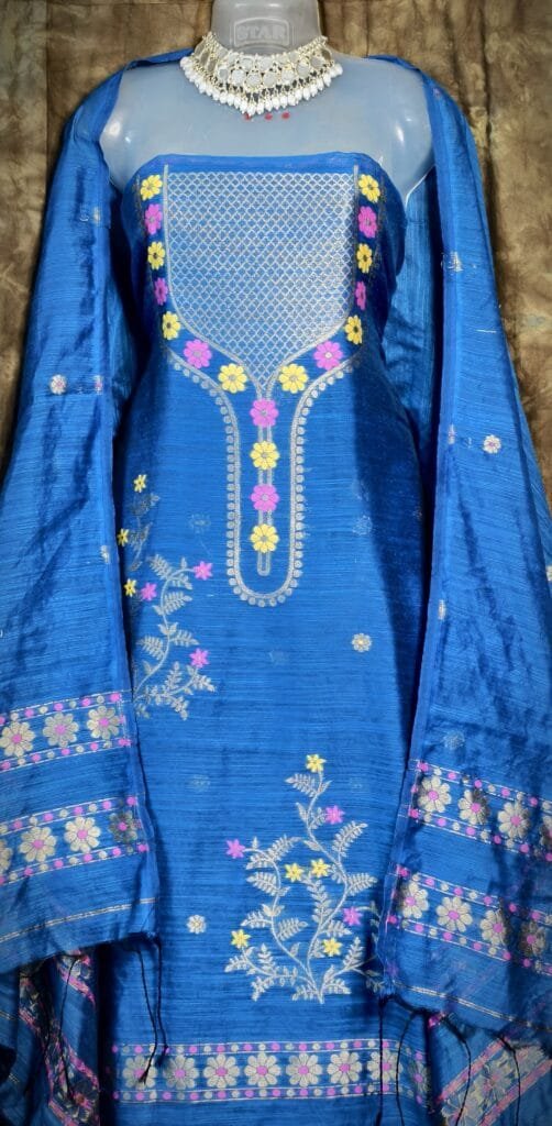 Nayan Tara Blue Muga Cotton Unstitched Jamdani Suit Set