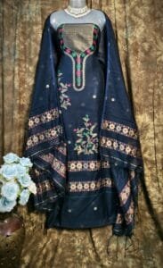 Nayan Tara Dark Blue Grey Muga Cotton Unstitched Jamdani Suit Set