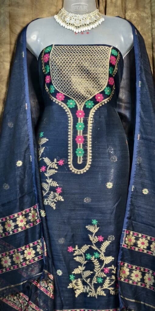 Nayan Tara Dark Blue Grey Muga Cotton Unstitched Jamdani Suit Set