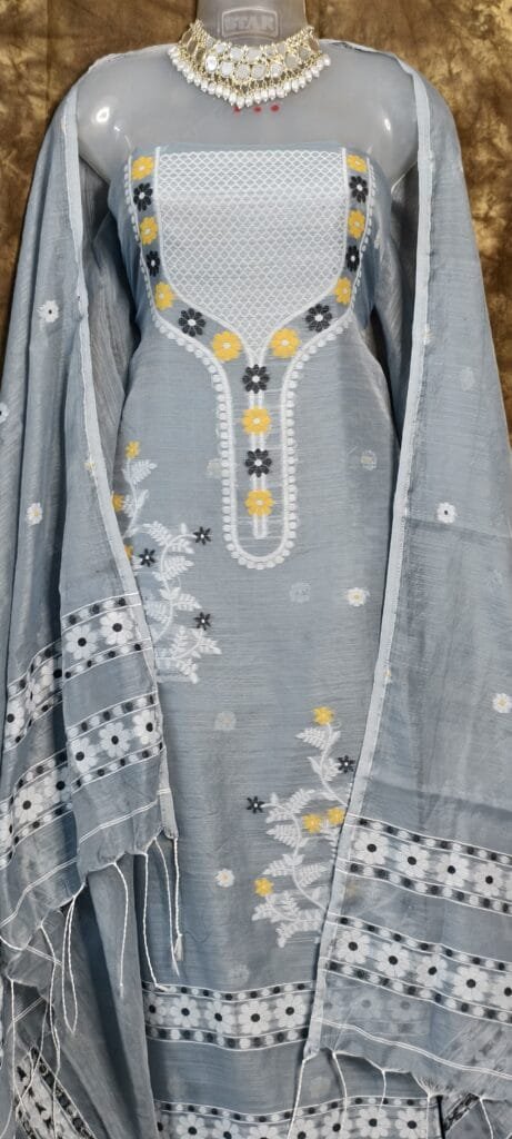 Nayan Tara Dark Gray Muga Cotton Unstitched Jamdani Suit Set