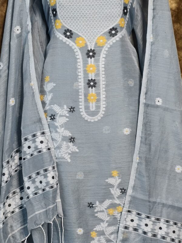 Nayan Tara Dark Gray Muga Cotton Unstitched Jamdani Suit Set