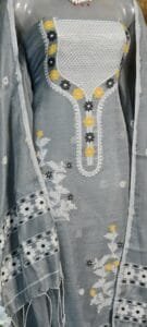 Nayan Tara Dark Gray Muga Cotton Unstitched Jamdani Suit Set