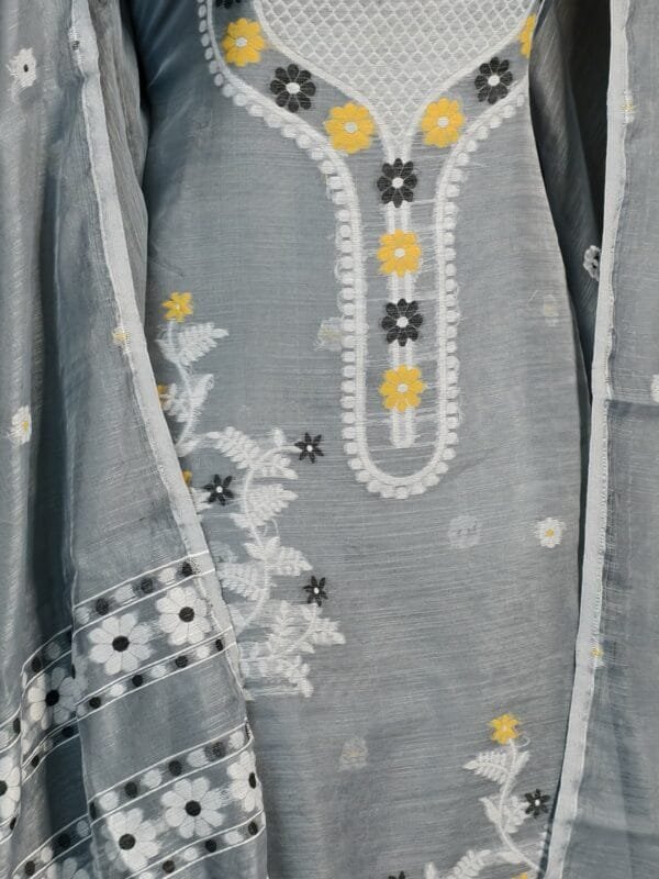 Nayan Tara Dark Gray Muga Cotton Unstitched Jamdani Suit Set