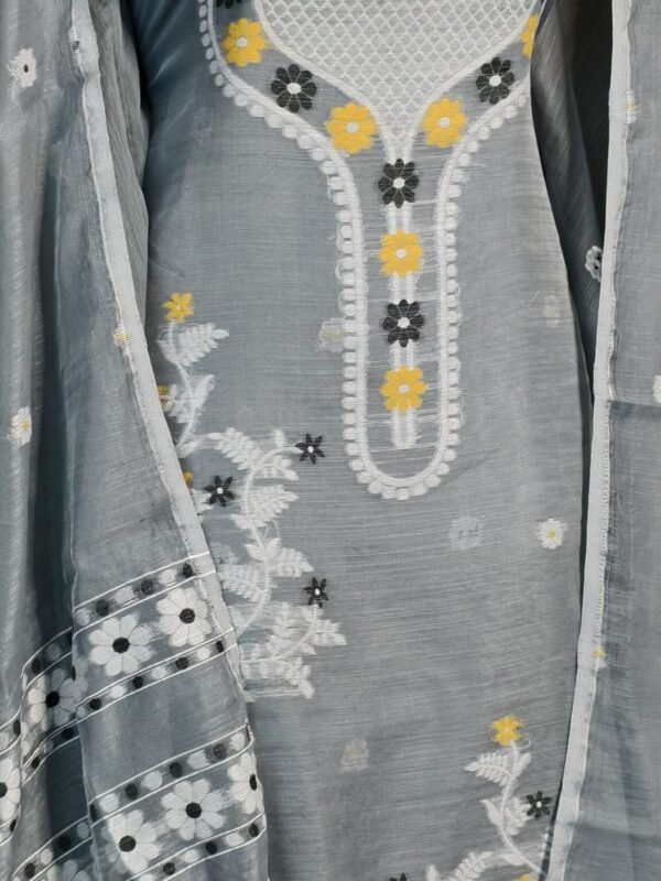 Nayan Tara Dark Gray Muga Cotton Unstitched Jamdani Suit Set