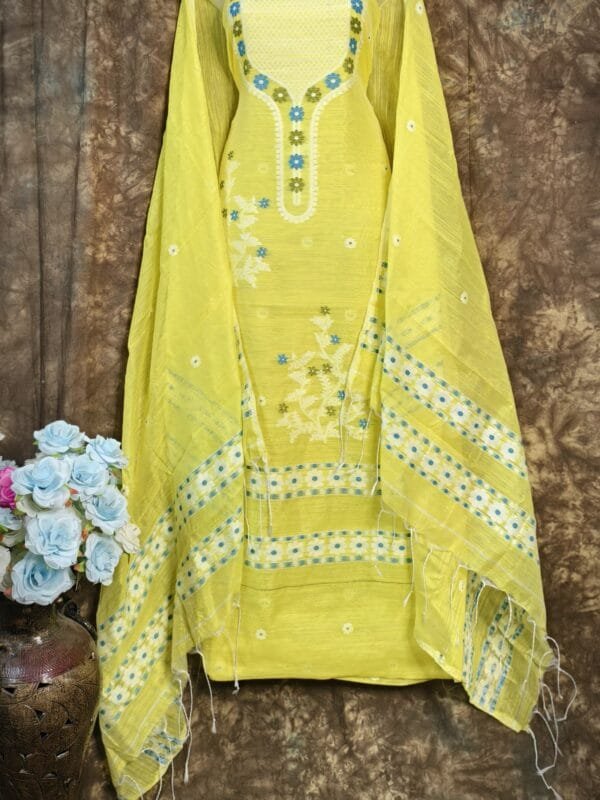 Nayan Tara Lemon Yellow Muga Cotton Unstitched Jamdani Suit Set