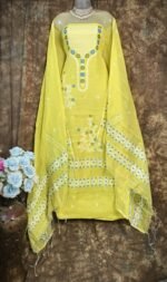 Nayan Tara Lemon Yellow Muga Cotton Unstitched Jamdani Suit Set
