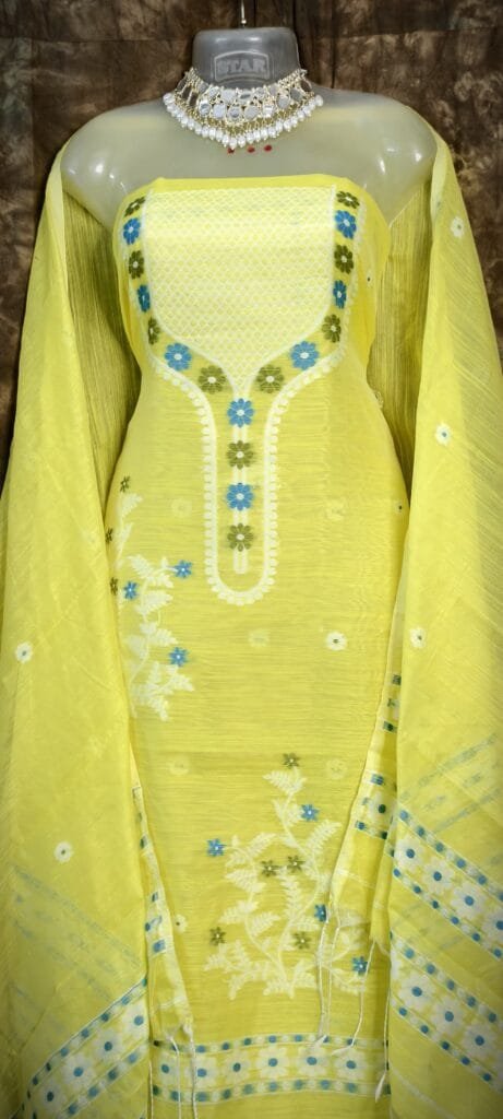 Nayan Tara Lemon Yellow Muga Cotton Unstitched Jamdani Suit Set