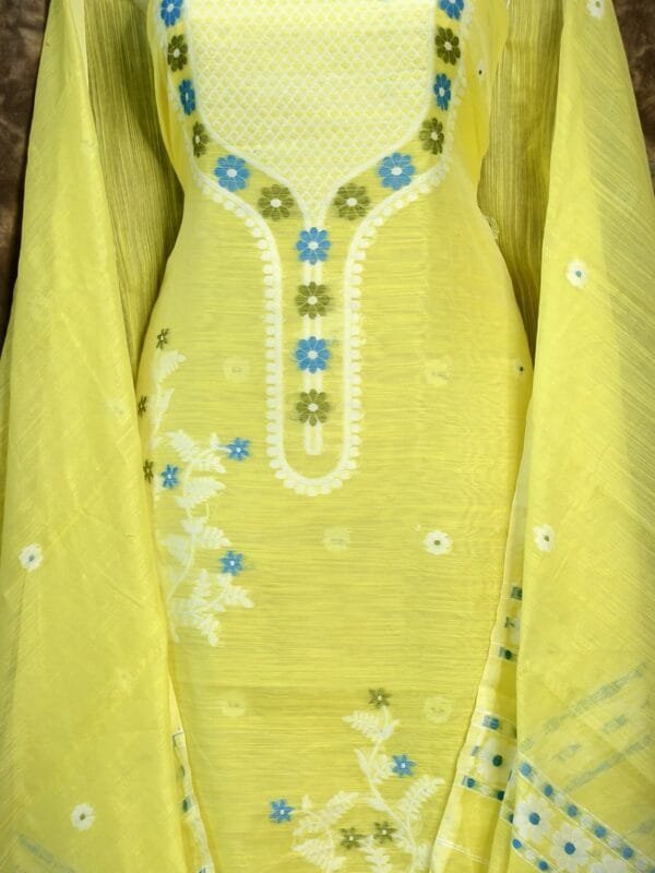 Nayan Tara Lemon Yellow Muga Cotton Unstitched Jamdani Suit Set