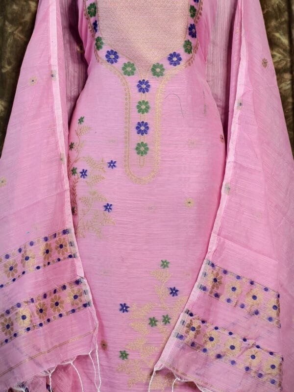 Nayan Tara Light Pink Muga Cotton Unstitched Jamdani Suit Set