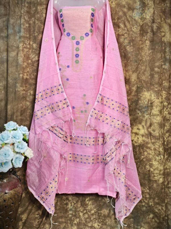 Nayan Tara Light Pink Muga Cotton Unstitched Jamdani Suit Set