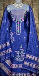 Nayan Tara Navy Blue Muga Cotton Unstitched Jamdani Suit Set