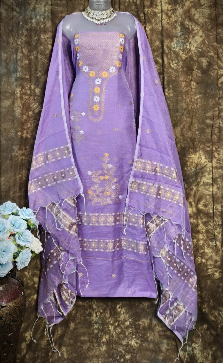 Nayan Tara Pale Purple Muga Cotton Unstitched Jamdani Suit Set
