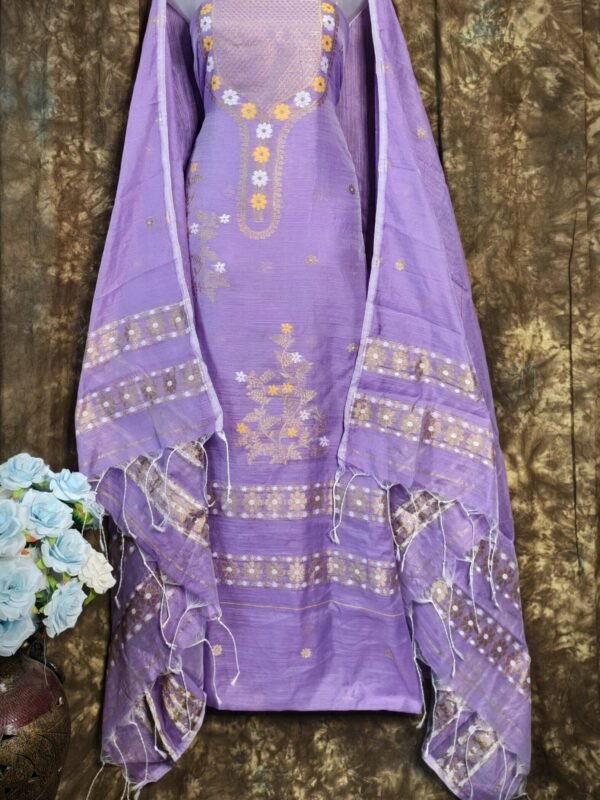 Nayan Tara Pale Purple Muga Cotton Unstitched Jamdani Suit Set