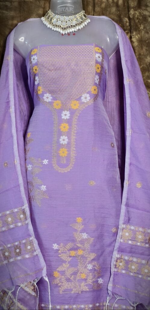 Nayan Tara Pale Purple Muga Cotton Unstitched Jamdani Suit Set