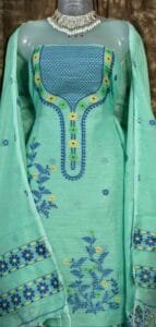 Nayan Tara Pale Teal Muga Cotton Unstitched Jamdani Suit Set
