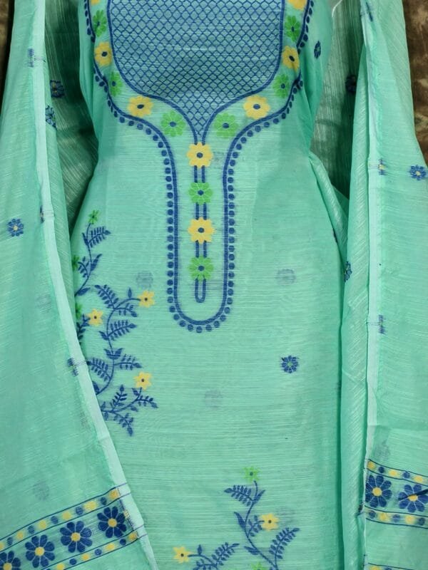 Nayan Tara Pale Teal Muga Cotton Unstitched Jamdani Suit Set