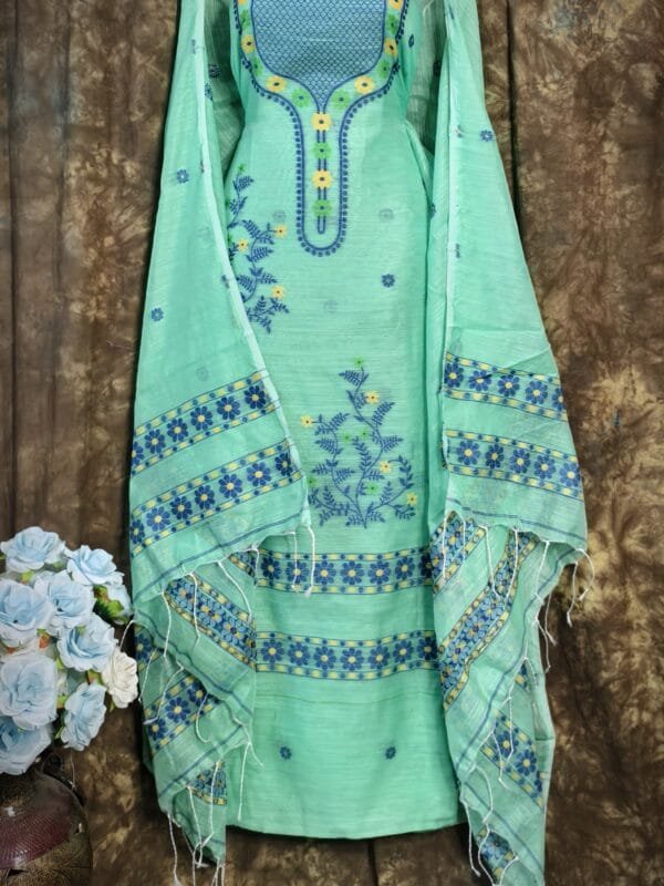 Nayan Tara Pale Teal Muga Cotton Unstitched Jamdani Suit Set