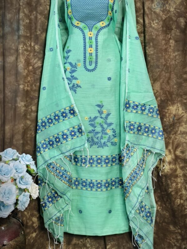 Nayan Tara Pale Teal Muga Cotton Unstitched Jamdani Suit Set