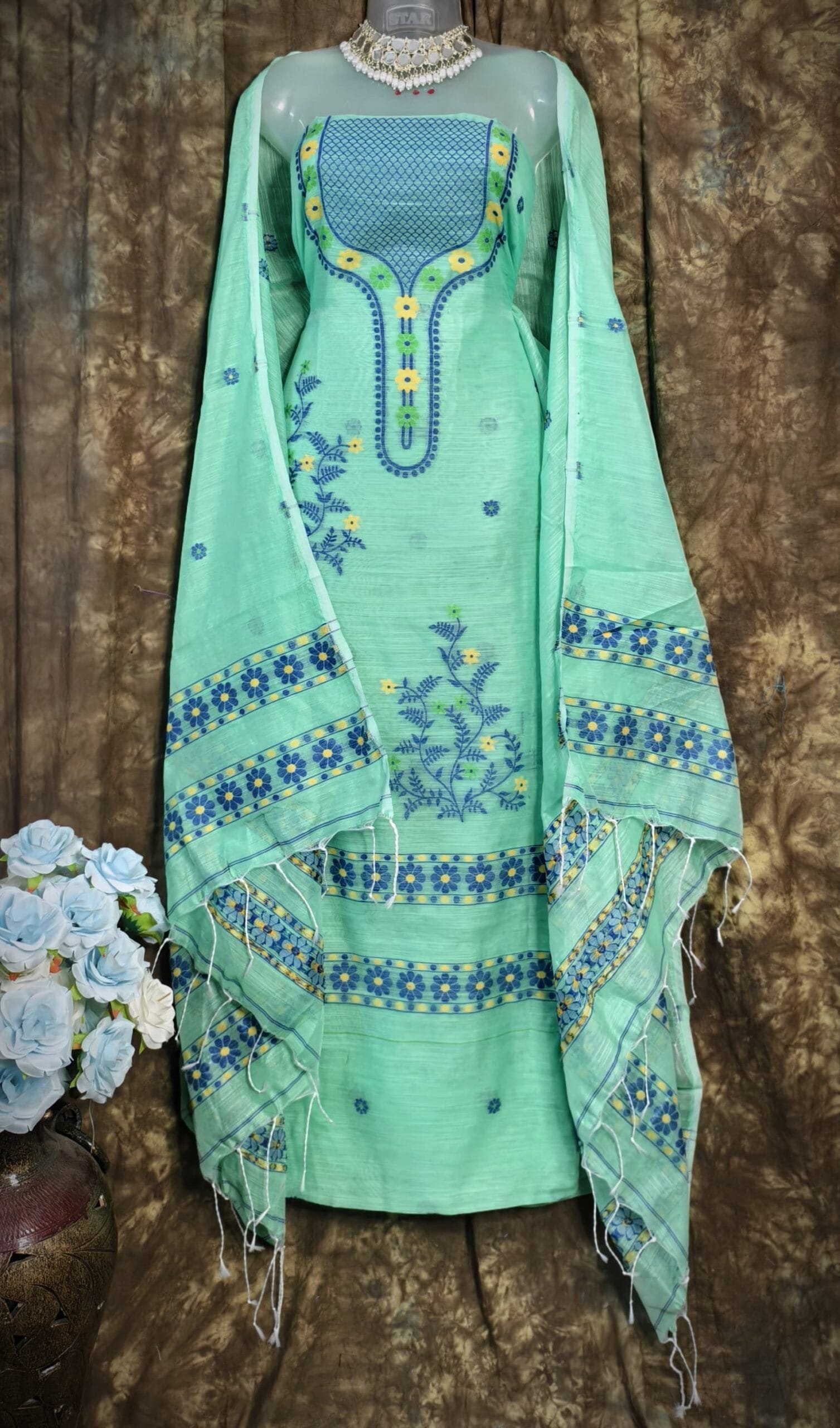 Nayan Tara Pale Teal Muga Cotton Unstitched Jamdani Suit Set 1 Nayan Tara Pale Teal Muga Cotton Unstitched Jamdani Suit Set