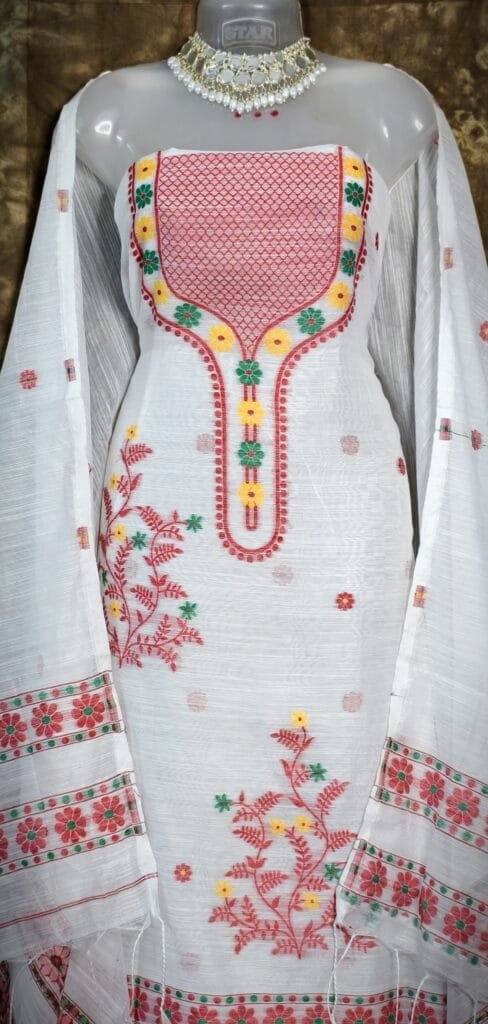 Nayan Tara White Muga Cotton Unstitched Jamdani Suit Set