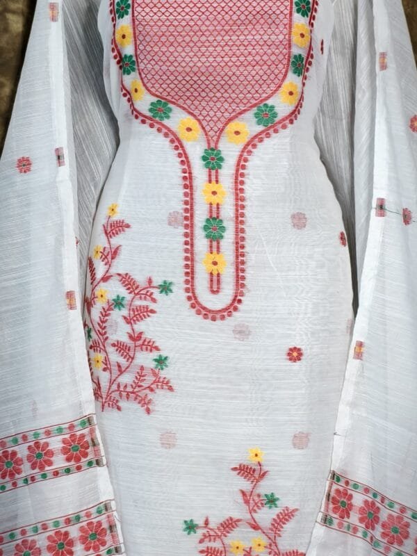 Nayan Tara White Muga Cotton Unstitched Jamdani Suit Set