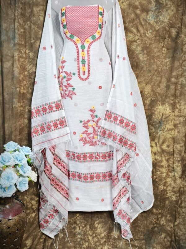 Nayan Tara White Muga Cotton Unstitched Jamdani Suit Set