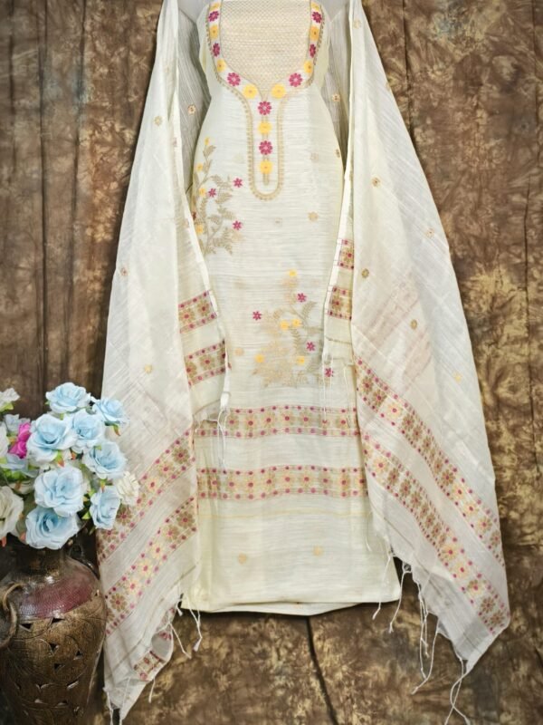 Nayan Tara White Muga Cotton Unstitched Jamdani Suit Set