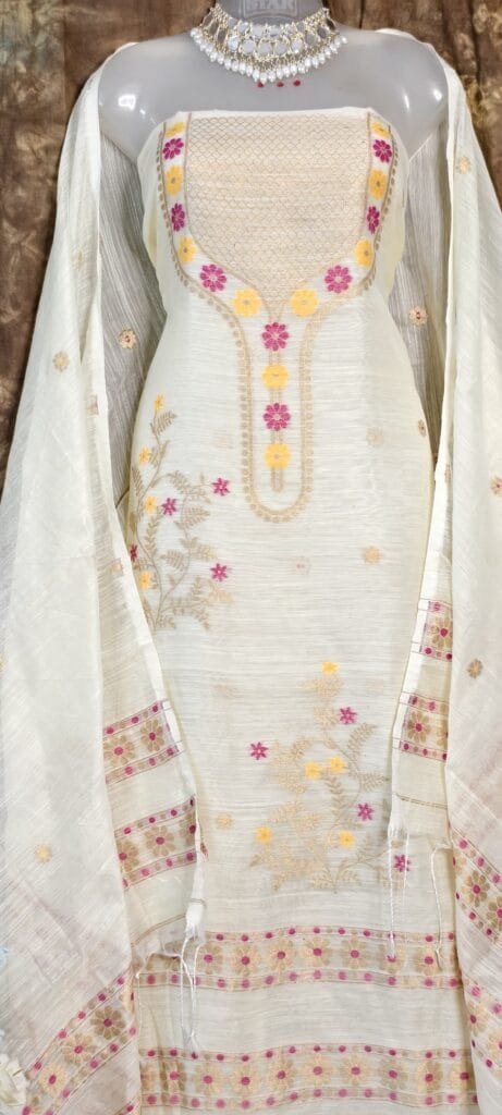 Nayan Tara White Muga Cotton Unstitched Jamdani Suit Set