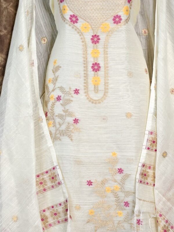 Nayan Tara White Muga Cotton Unstitched Jamdani Suit Set