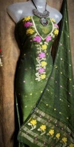 Oleander Deep Green Muga Cotton Unstitched Jamdani Suit Set