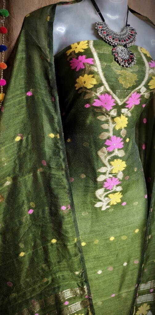 Oleander Deep Green Muga Cotton Unstitched Jamdani Suit Set