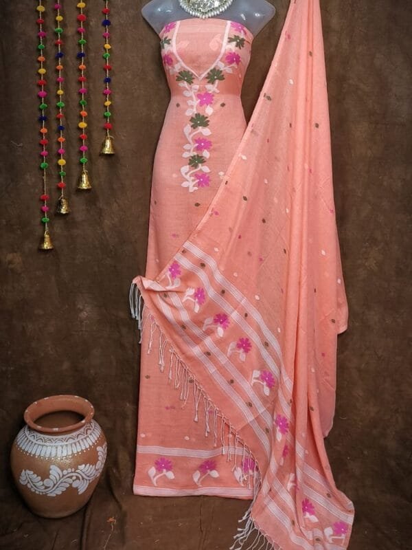 Oleander Dirty Pink Muga Cotton Unstitched Jamdani Suit Set